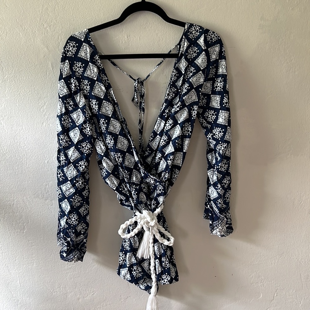 Faithfull the Brand blue and white long sleeve romper play suit